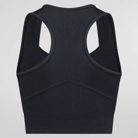 Eco-friendly black seamless sports bra with body-mapped structure for support and breathability.