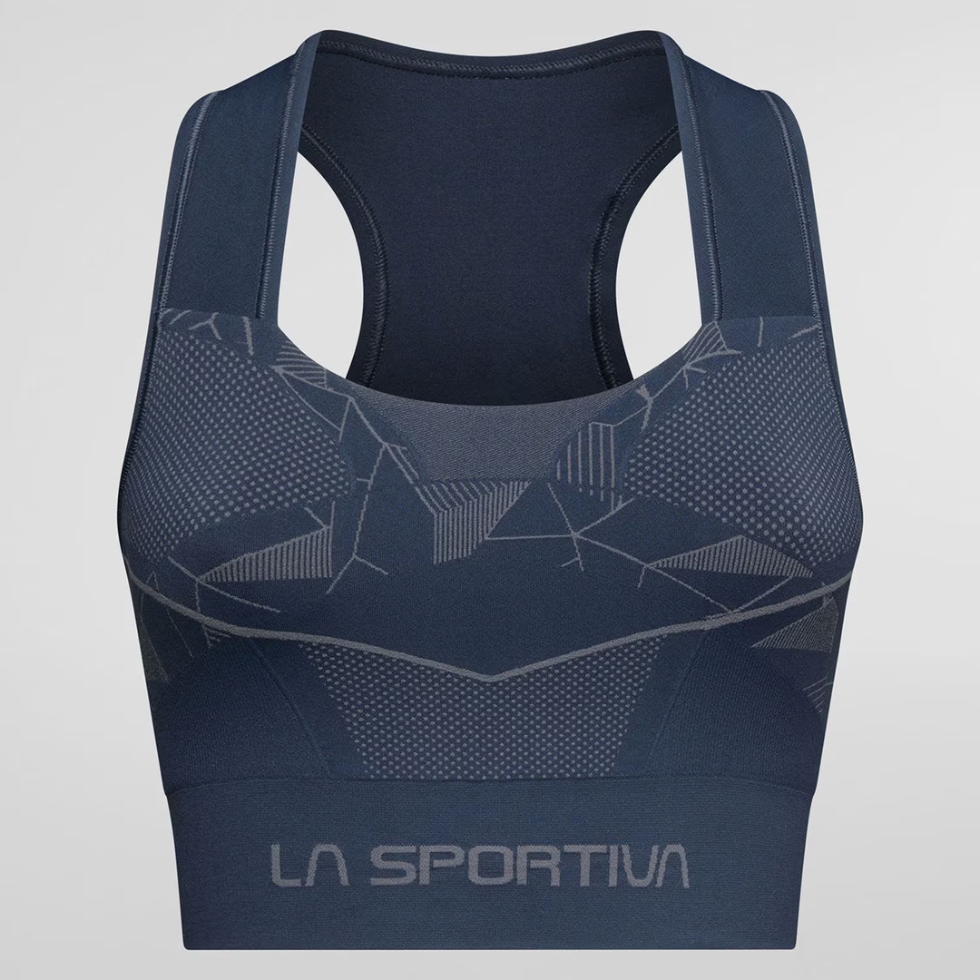 Eco-friendly seamless sport bra, Focus II Top W, with body-mapped support and breathability.