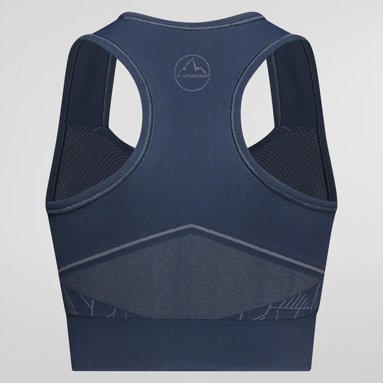 Eco-friendly seamless Focus II Top W sports bra with body-mapped support and breathable fabric.