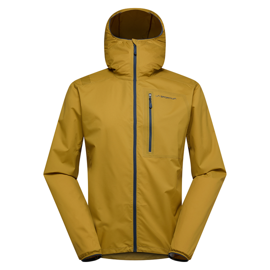 Wall Breeze Stretch Jkt M in mustard color with hood and zippered chest pocket.