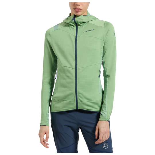 Aequilibrium Thermal Hoody W in light green, featuring ergonomic hood, abrasion-resistant shoulders, breathable mesh inserts, and zip pockets. Ideal mid layer for alpine adventures.