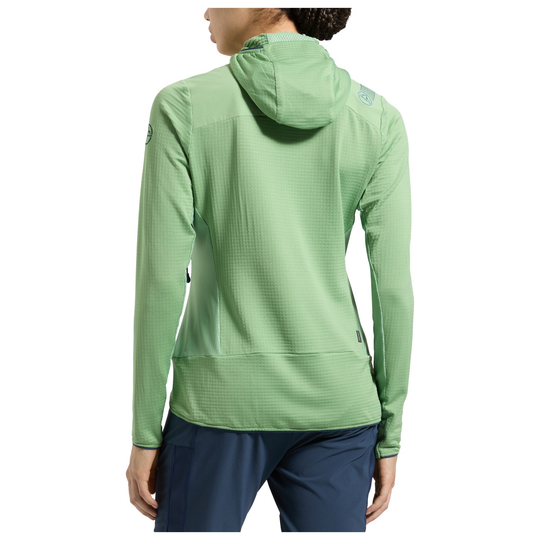 Aequilibrium Thermal Hoody W with ergonomic hood and abrasion-resistant shoulders for alpine adventures.