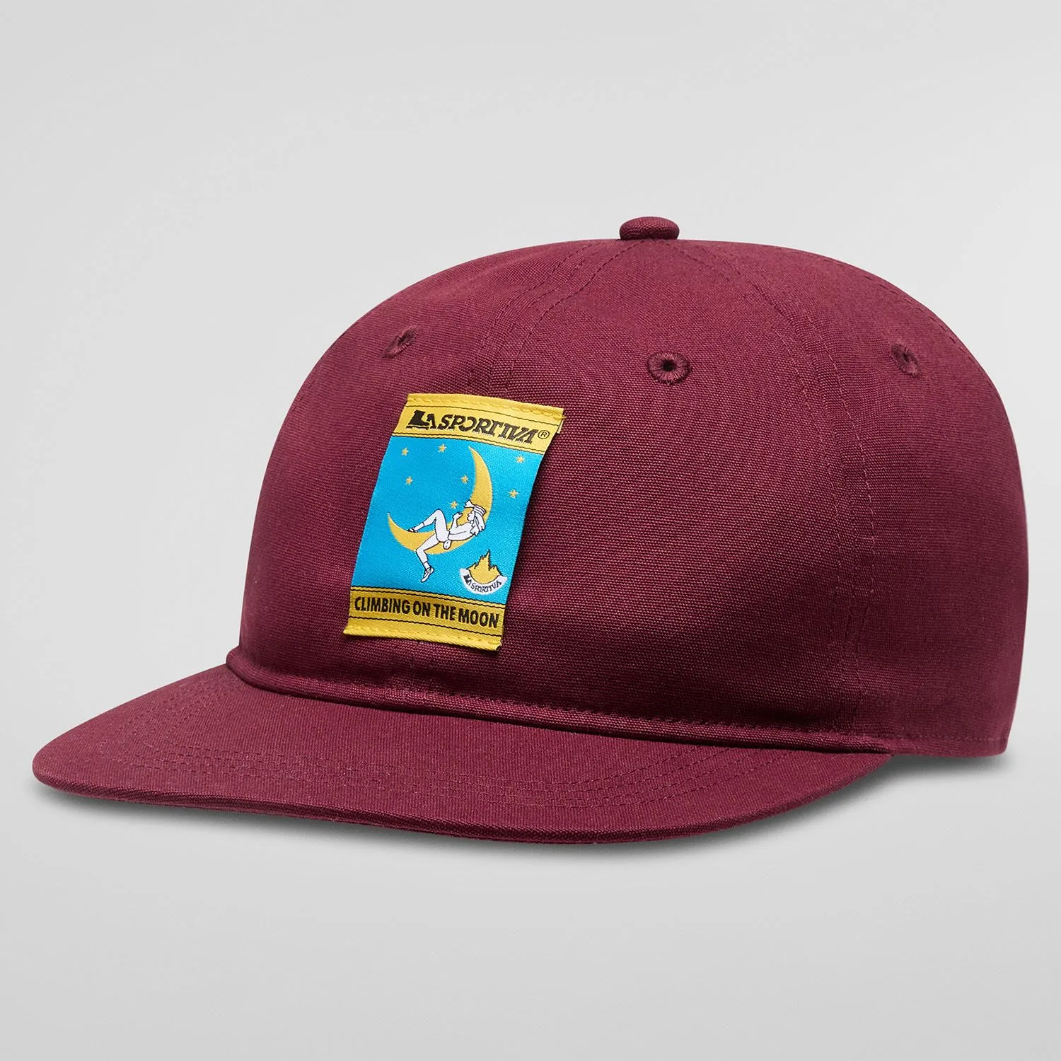 Minimalist maroon cotton hat featuring 'Climbing On The Moon' logo.