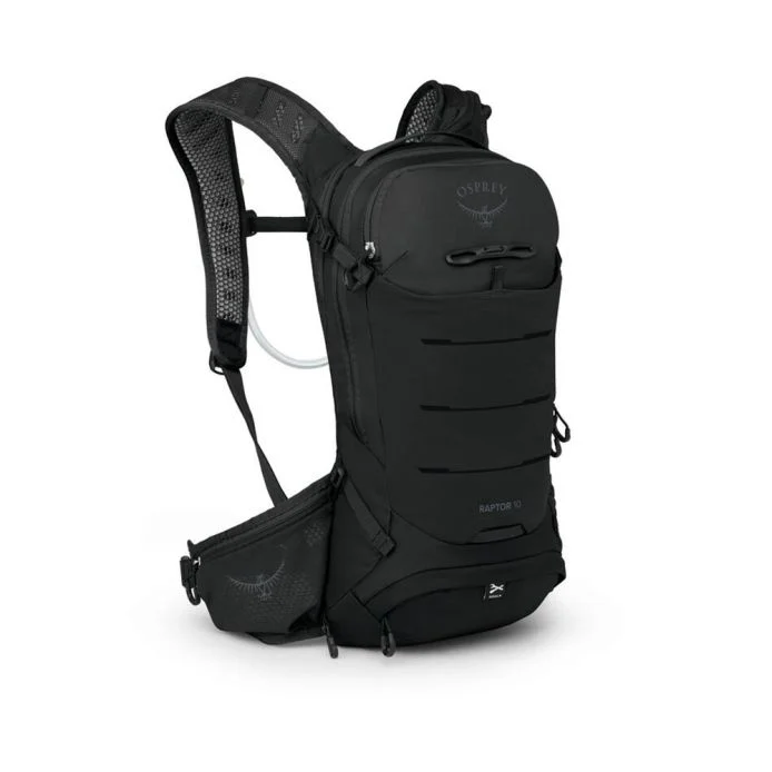 Raptor 10 hydration backpack with 2.5L reservoir, ergonomic harness, waist belt pockets, bike tool roll, and reflective graphics.