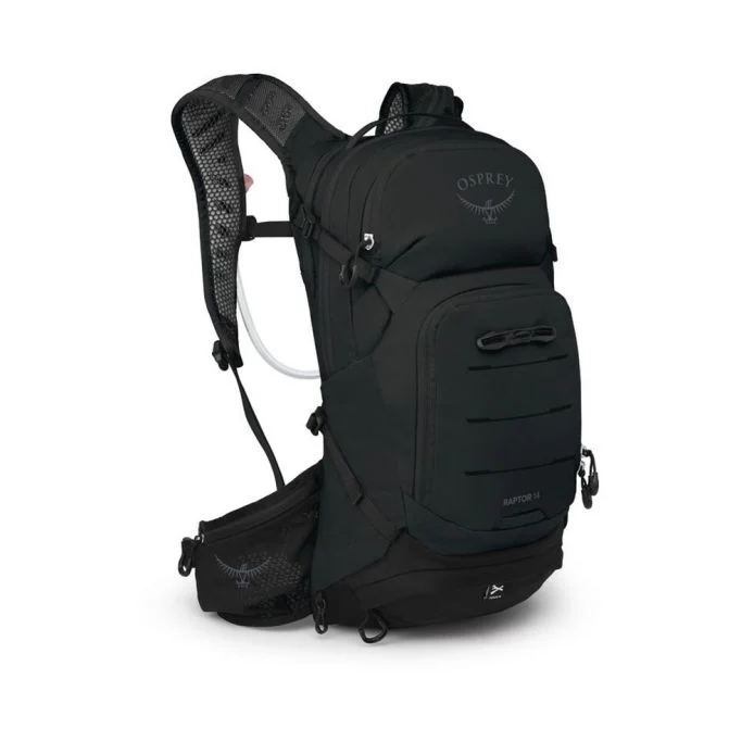 Raptor 14 mountain bike hydration backpack in black, featuring ergonomic harness and waist pockets.
