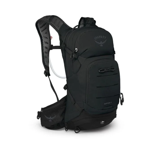 Raptor 14 mountain bike hydration backpack in black, featuring ergonomic harness and waist pockets.