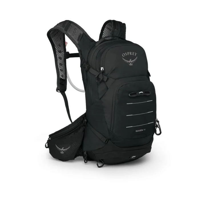 Raven 14 women's hydration backpack for mountain biking with ergonomic harness and Osprey Hydraulics 2.5L reservoir.