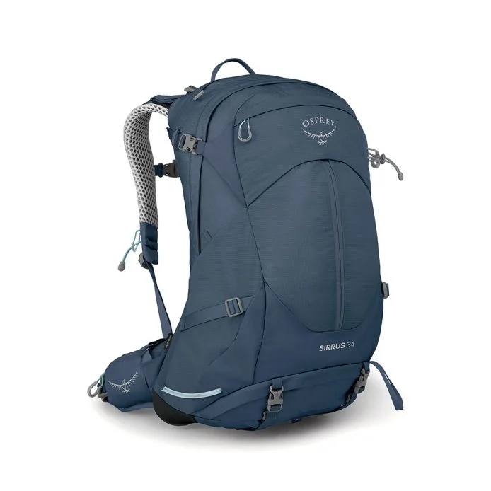 Sirrus 34 hiking backpack with rain cover and AirSpeed suspension system for women.