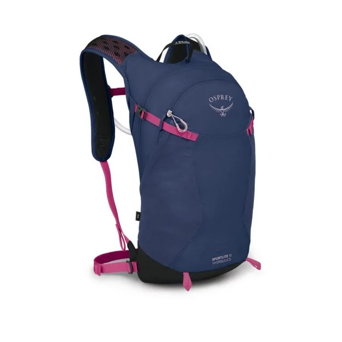 Sportlite 15 backpack, lightweight blue design, featuring adjustable straps and pink accents, ideal for hiking and daily adventures.