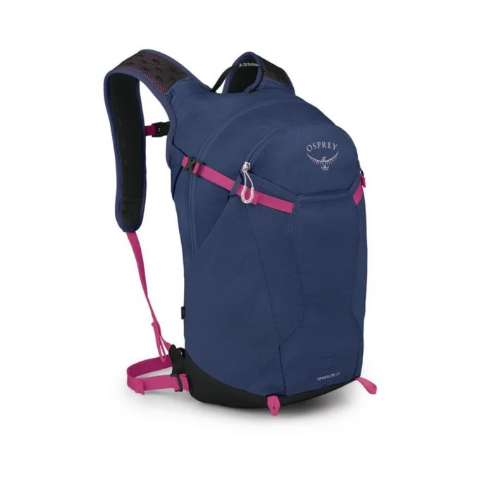 Sportlite 20 daypack, sustainable design, 20L capacity, recycled materials, AirScape back panel, blue with pink accents.