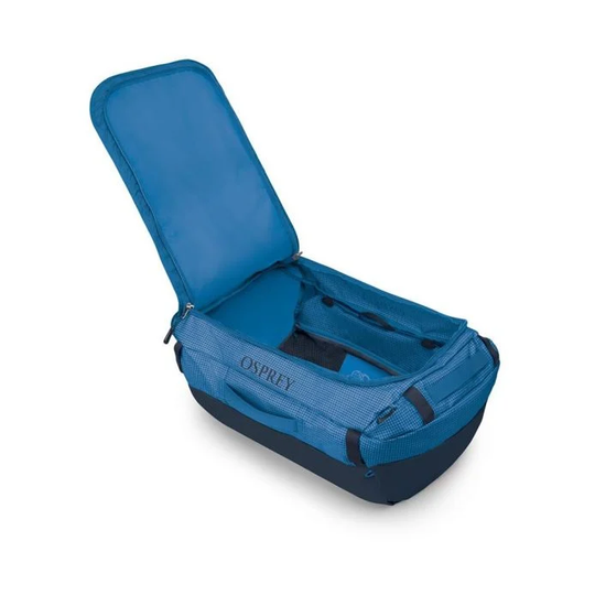 Transporter 65 duffel bag in blue with open top showing spacious interior and durable straps.