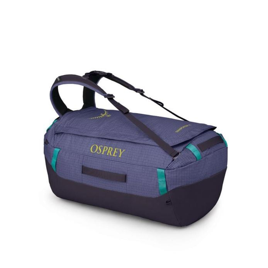 Transporter 65 durable duffel bag with retractable harness, weather-resistant fabric, blue color.