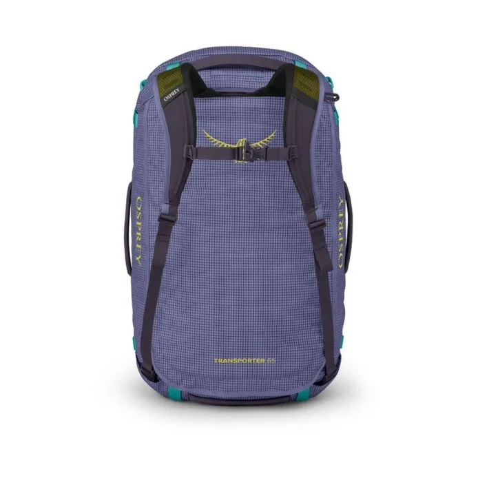 Transporter 65 duffel bag, durable weather-resistant fabric, 65L capacity, blue color, TPU coated, backpack harness, travel-friendly.