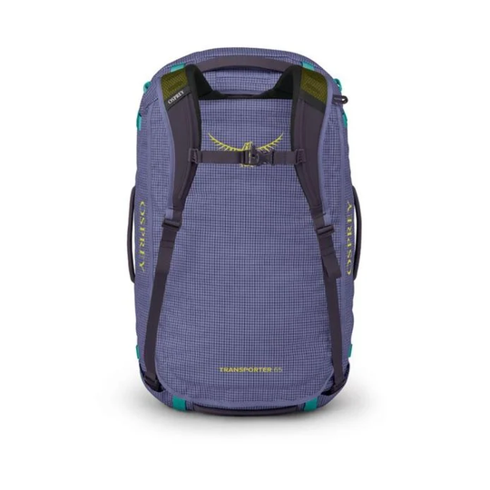 Transporter 65 duffel bag, durable weather-resistant fabric, 65L capacity, blue color, TPU coated, backpack harness, travel-friendly.