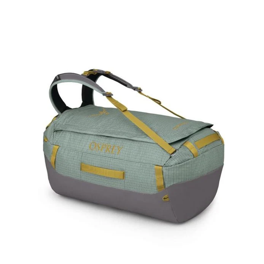 Transporter 65 duffel bag with robust, weather-resistant fabric and hidden harness for easy transport.