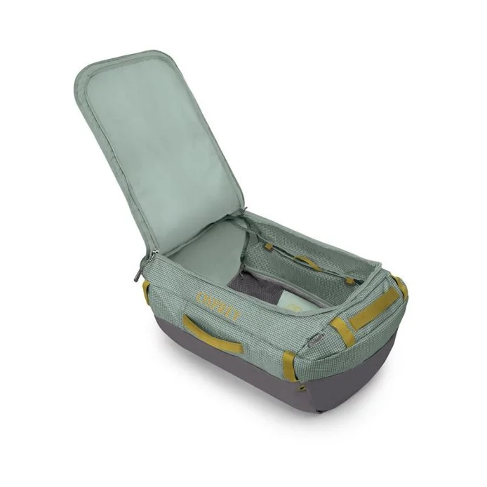 Transporter 65 duffel bag with open lid showing spacious interior and durable design.