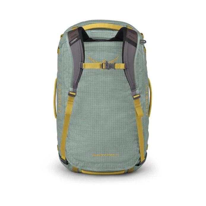 Transporter 65 duffel bag with weather-resistant fabric and stowaway harness.