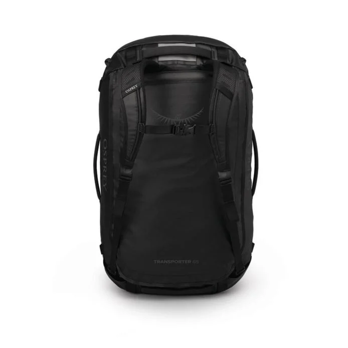 Transporter 65 durable weather-resistant duffel bag with concealed harness and multiple compartments.