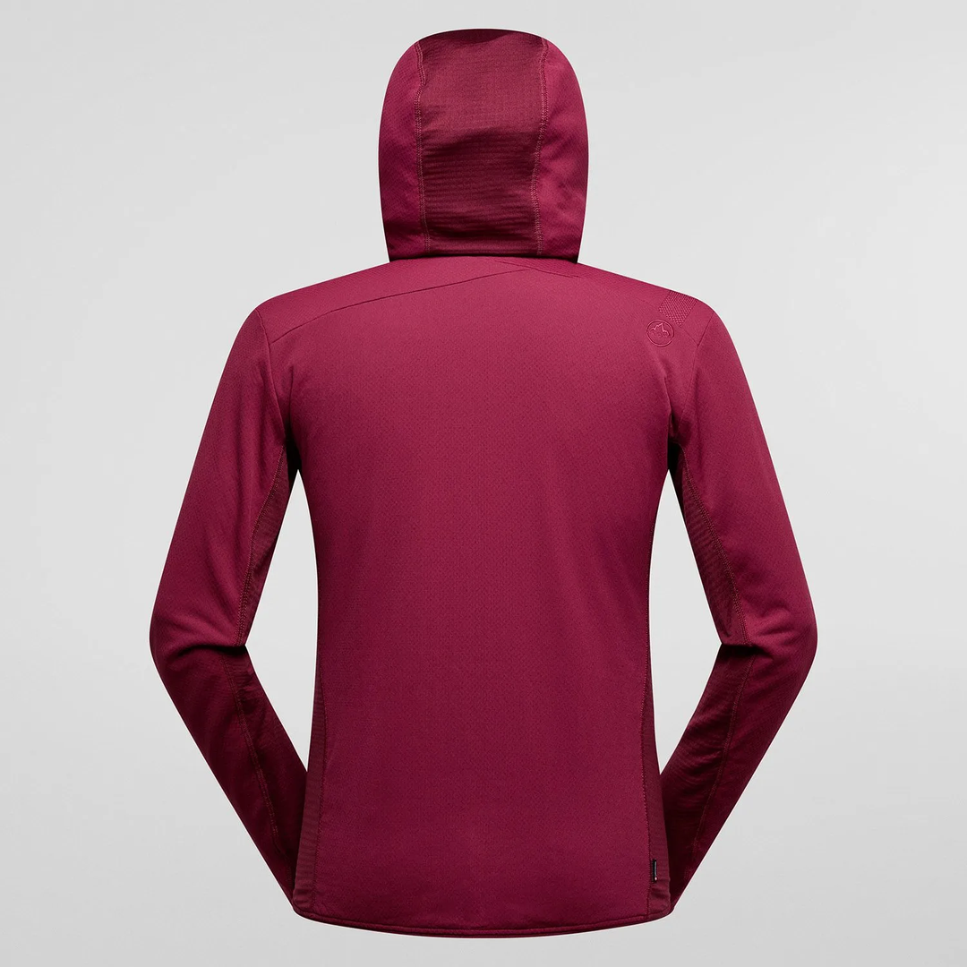 Felpa con cappuccio Big Wall, tessuto TechStretch™ Aero, colore bordeaux, adatta per arrampicata, vista posteriore.