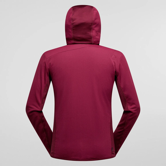 Felpa con cappuccio Big Wall, tessuto TechStretch™ Aero, colore bordeaux, adatta per arrampicata, vista posteriore.