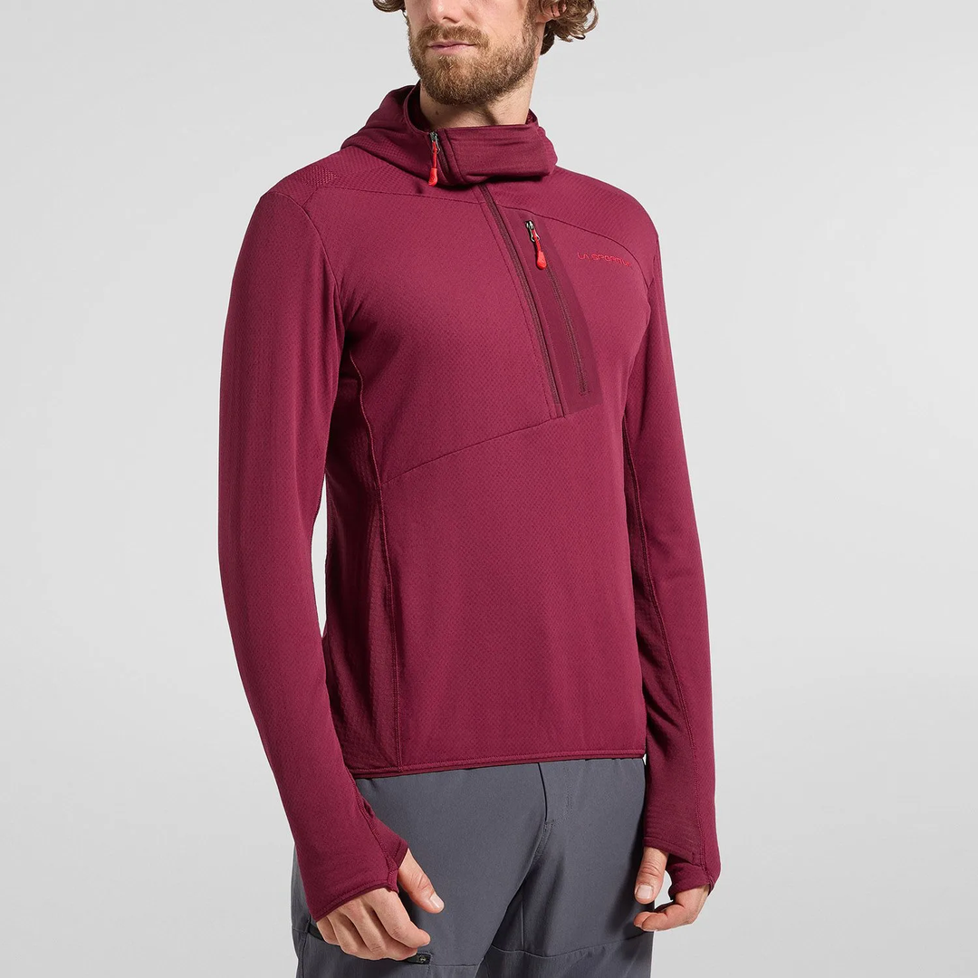 Felpa con cappuccio Big Wall, uomo, tessuto TechStretch™ Aero, inserti Polartec®, zip asimmetrica, colore bordeaux.