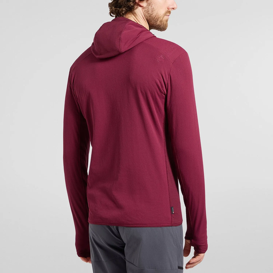 Felpa con cappuccio Big Wall in tessuto rosso TechStretch™ Aero, vista posteriore, design leggero per arrampicata.