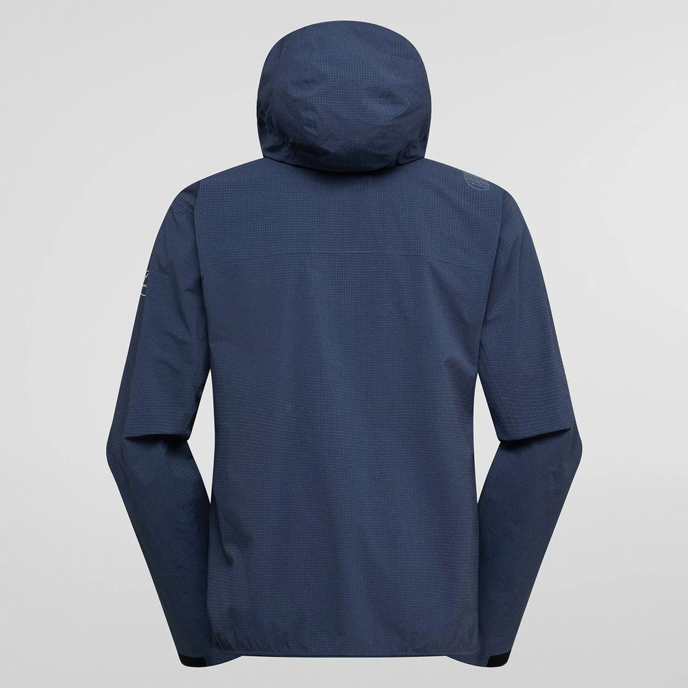 Giacca Helixir Shell con cappuccio compatibile con caschetto, tessuto impermeabile a tre strati Spectra®, colore blu scuro, vista posteriore.