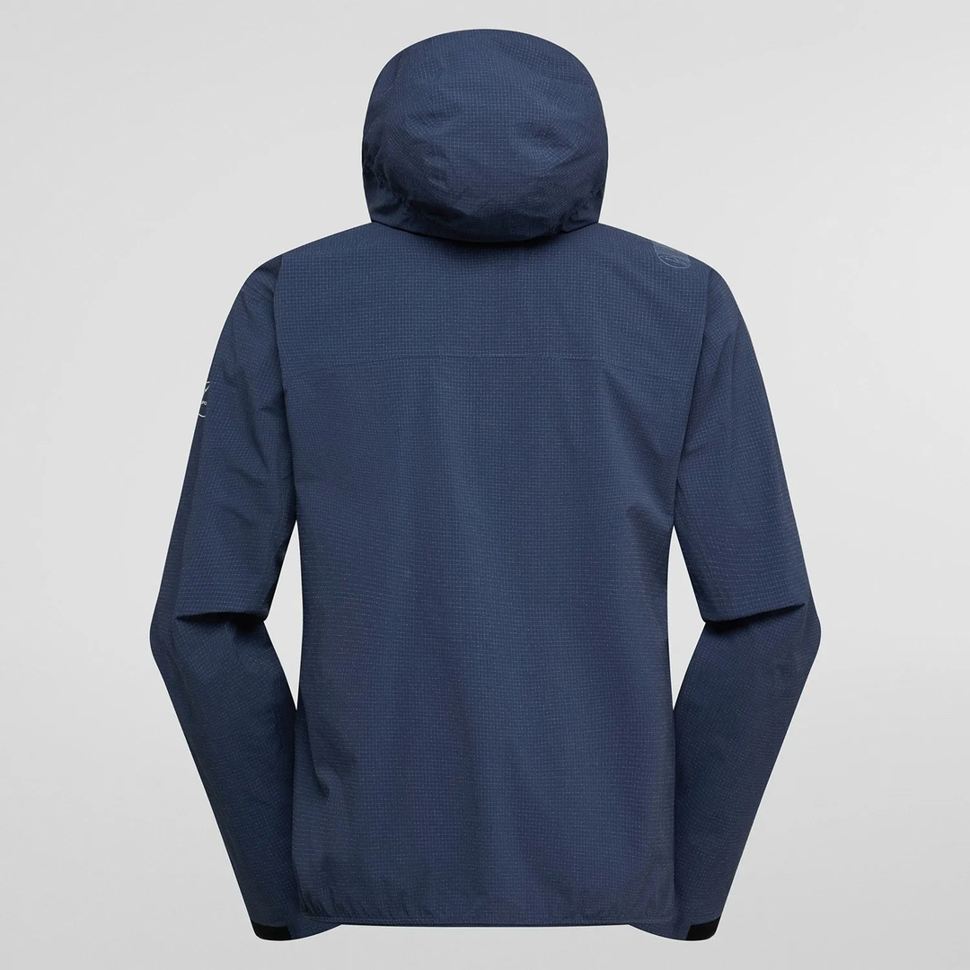 Giacca Helixir Shell con cappuccio compatibile con caschetto, tessuto impermeabile a tre strati Spectra®, colore blu scuro, vista posteriore.