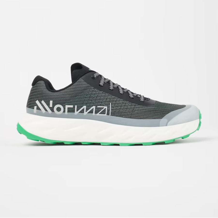 Trail running shoe Kjerag 01 M, green and white, offers lightweight performance, high-speed comfort, grip, and stability.