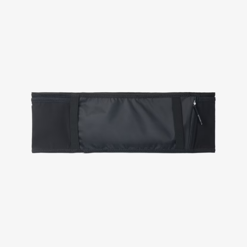 Trail running belt with waterproof pocket and front attachments, made from durable nylon for comfort and performance.