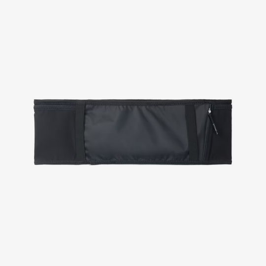 Trail running belt with waterproof pocket and front attachments, made from durable nylon for comfort and performance.