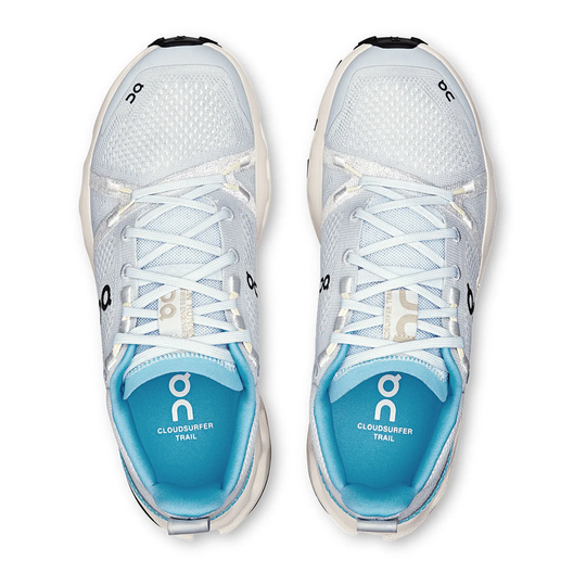 Cloudsurfer Trail W running shoes, top view, showcasing white mesh upper and blue insoles.