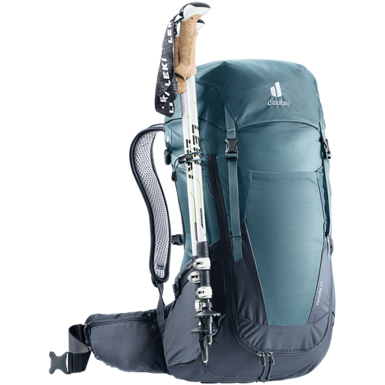 Futura 26 backpack with ergonomic design, adjustable straps, blue color, and pole attachment.