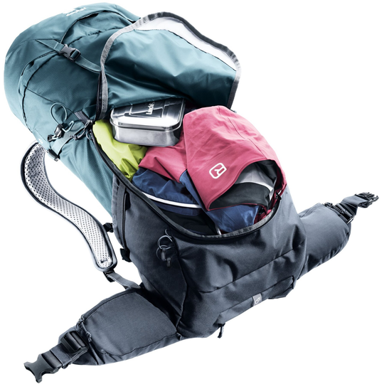 Backpack Futura 26 with open front displaying colorful contents, ergonomic design, and adjustable straps for comfort.