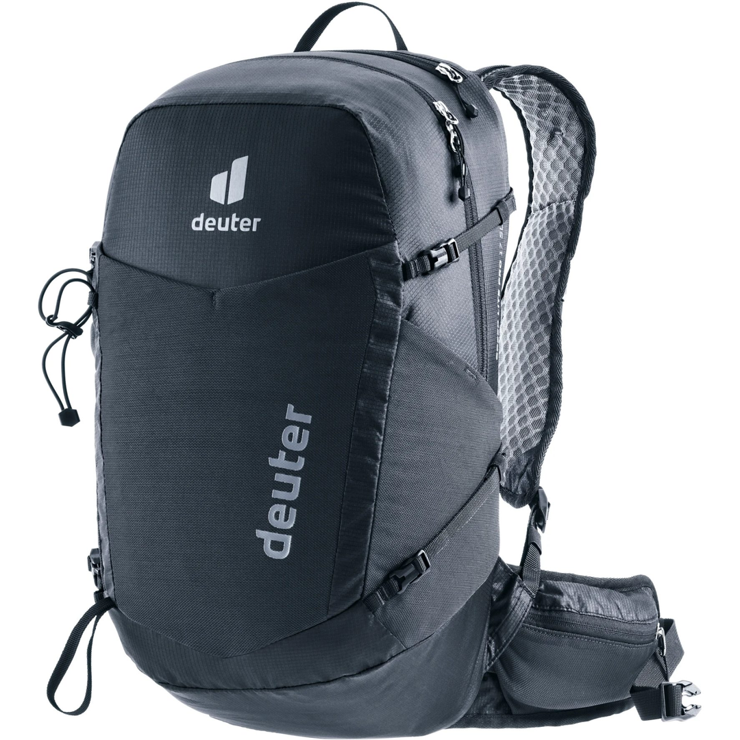Lightweight black Deuter backpack for speed hiking, featuring perforated straps and multiple zippered pockets.