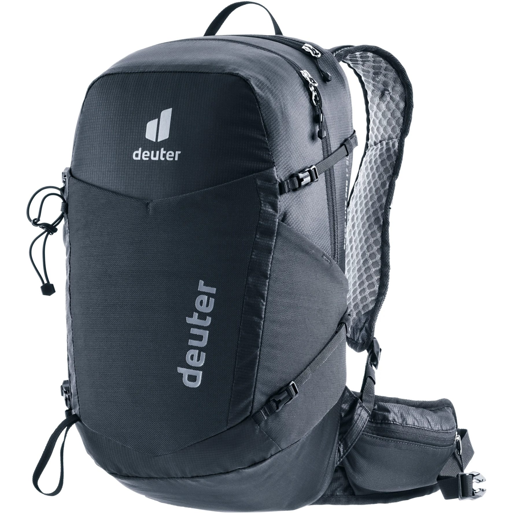 Lightweight black Deuter backpack for speed hiking, featuring perforated straps and multiple zippered pockets.