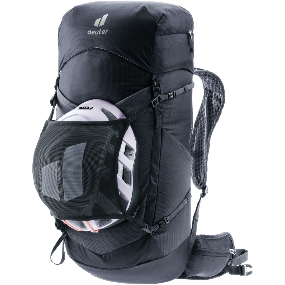Lightweight Speed Lite Pro 28 SL hiking backpack with helmet holder, black design.