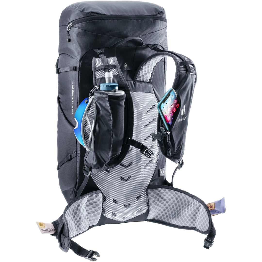 Speed Lite Pro 28 SL backpack with perforated shoulder straps, compact fit, and multiple pockets for speed hiking.