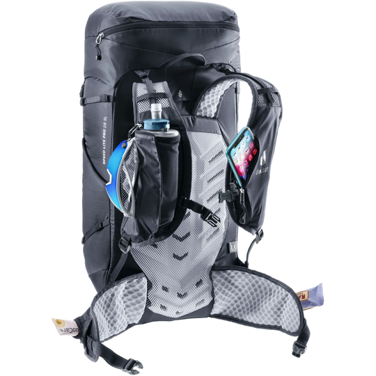 Speed Lite Pro 28 SL backpack with perforated shoulder straps, compact fit, and multiple pockets for speed hiking.