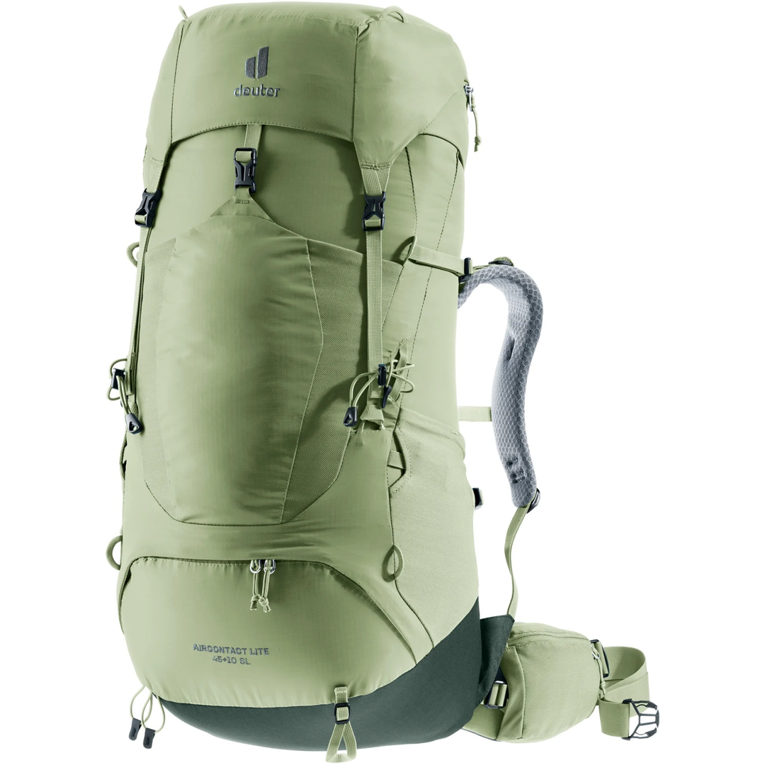 Lightweight Aircontact Lite 45 + 10 SL trekking backpack in green with ergonomic shoulder straps, adjustable back length, elastic side pockets, and helmet attachment loops.