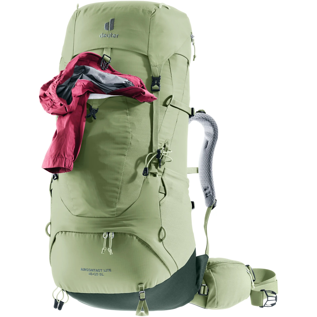 Lightweight Aircontact Lite 45 + 10 SL backpack with adjustable back length and ergonomic straps.