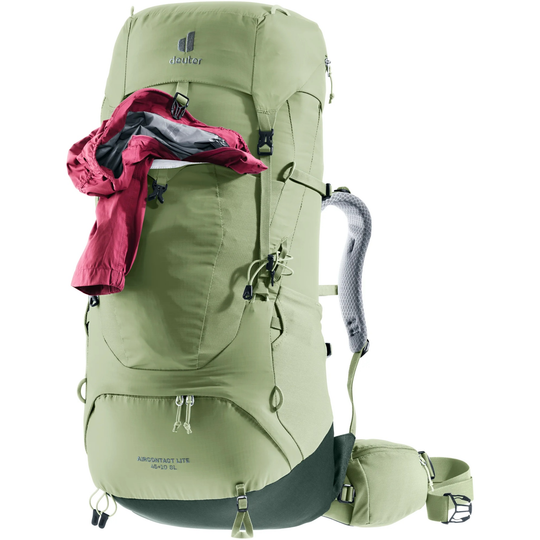 Lightweight Aircontact Lite 45 + 10 SL backpack with adjustable back length and ergonomic straps.