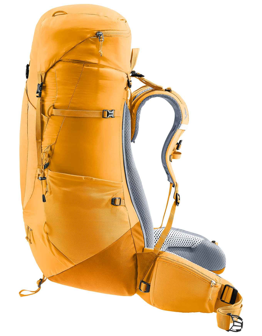 Lightweight Deuter Aircontact Lite 50+10 backpack with Aircomfort system, adjustable straps, yellow color.