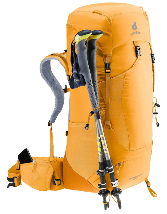 Lightweight Aircontact Lite 50 + 10 trekking backpack with ergonomic straps and yellow design.