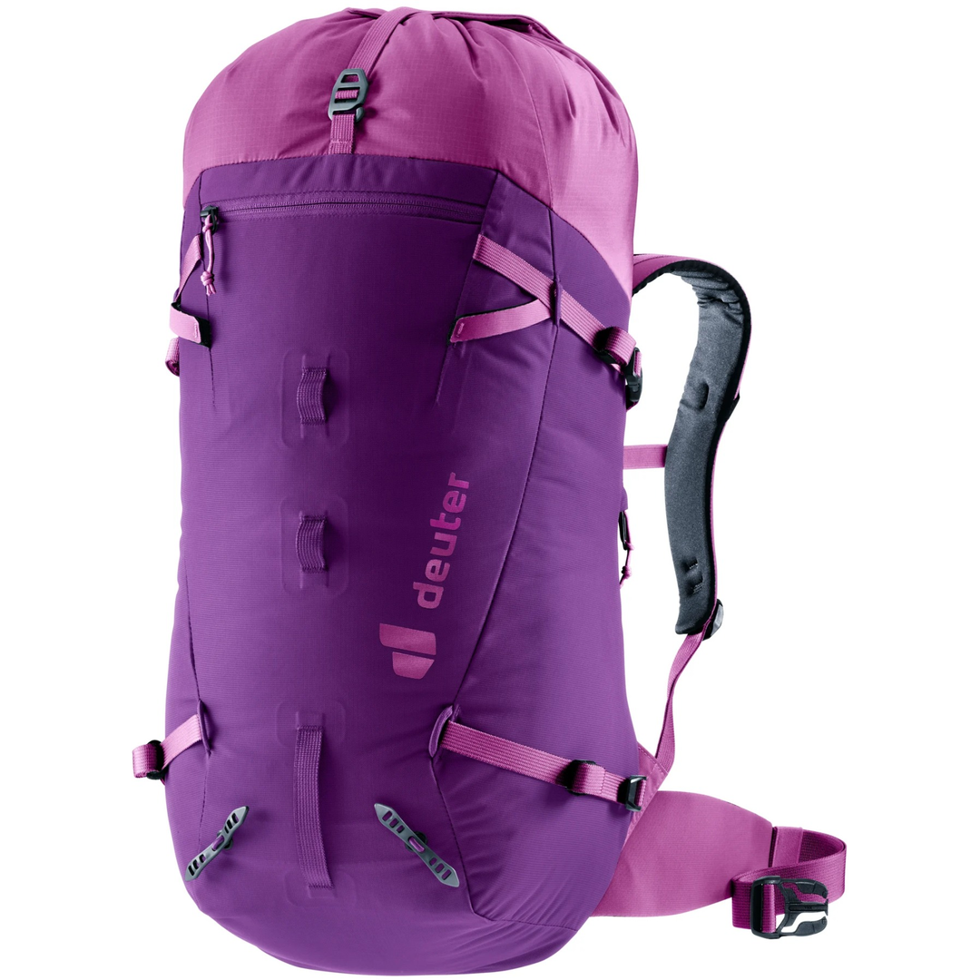 Lightweight and versatile Guide 28 SL backpack in purple with adjustable features and sustainable materials.