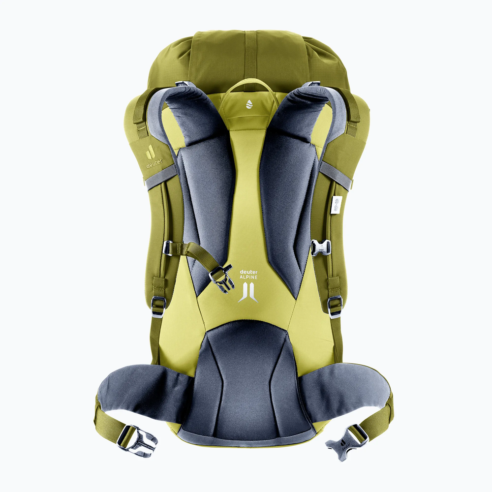 Lightweight and versatile green Deuter Guide 30 backpack with adjustable straps, ergonomic padded shoulder straps, and removable helmet net support.