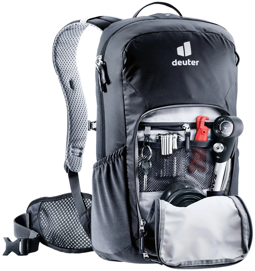 Bike I 20 backpack with compartments, tool organizer, removable helmet net, and reflective details.