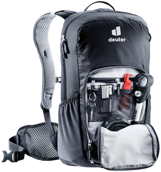 Bike I 20 backpack with compartments, tool organizer, removable helmet net, and reflective details.