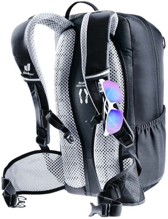 Bike I 20 backpack with ergonomic padded straps and breathable hip fins, featuring sunglasses holder.