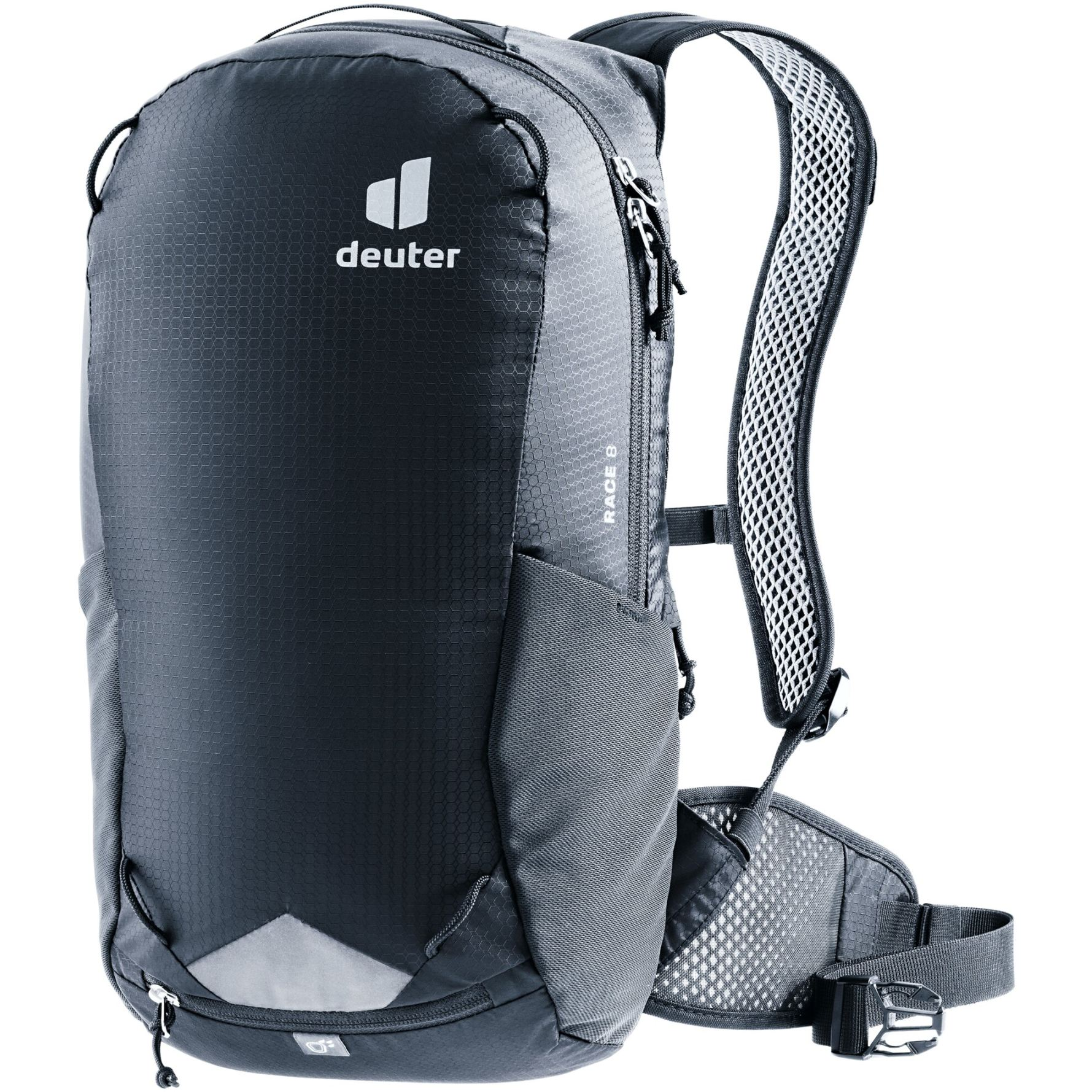Zaino per bici Deuter Race 8 nero, leggero con sistema Airstripes, tasche elastiche e coprizaino antipioggia.